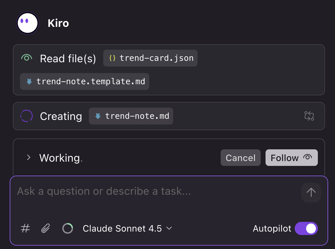 Kiro 에이전트가 trend-card.json과 trend-note.template.md를 읽고 trend-note.md 파일을 생성 중인 화면