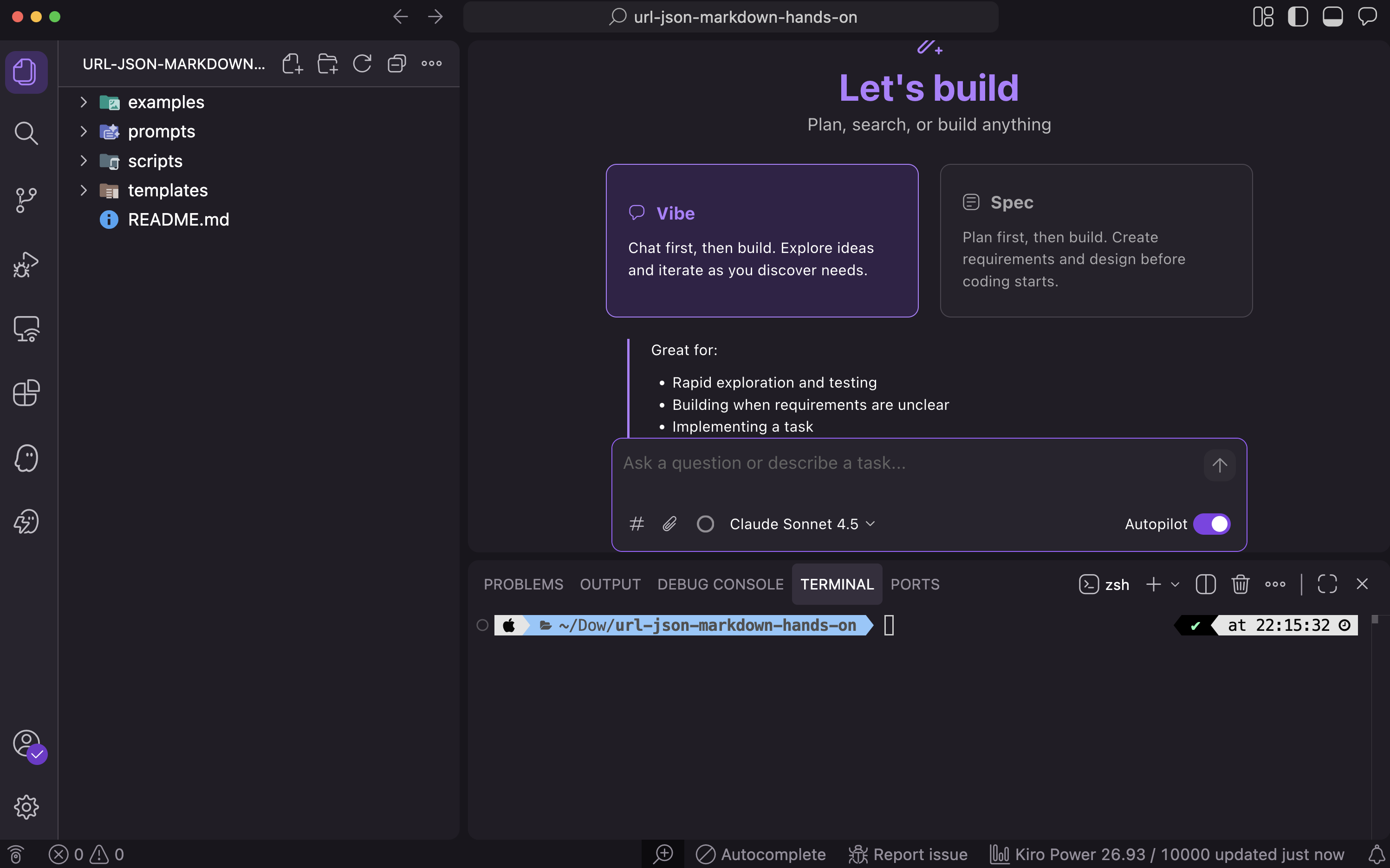 Kiro IDE에서 url-json-markdown-hands-on 폴더를 연 화면. 왼쪽에는 examples, prompts, scripts, templates 폴더와 README.md가 보이고, 오른쪽에는 에이전트 입력창이 열려 있다.