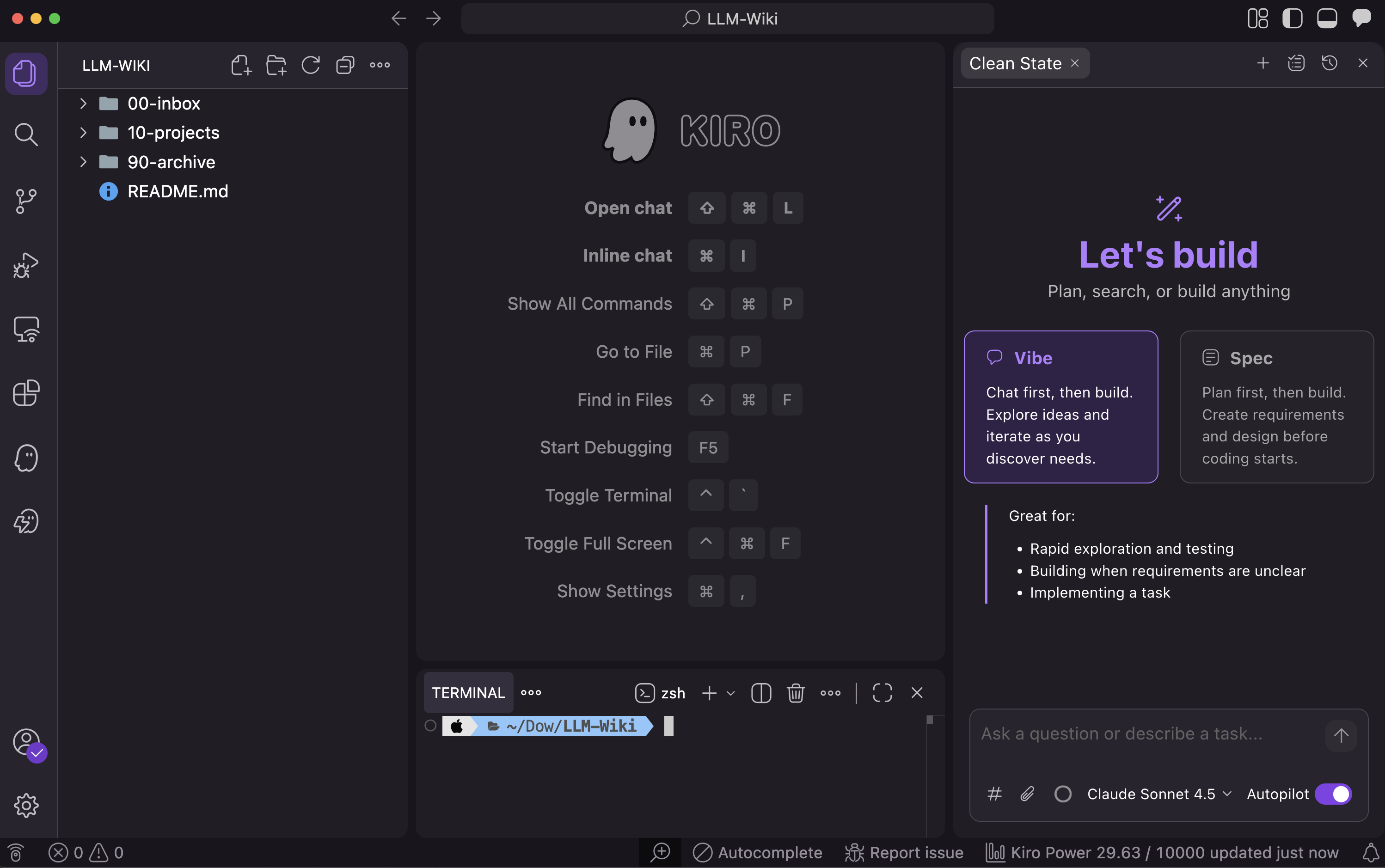 Kiro IDE에서 LLM-Wiki 폴더를 열어 00-inbox, 10-projects, 90-archive 구조를 확인하는 화면