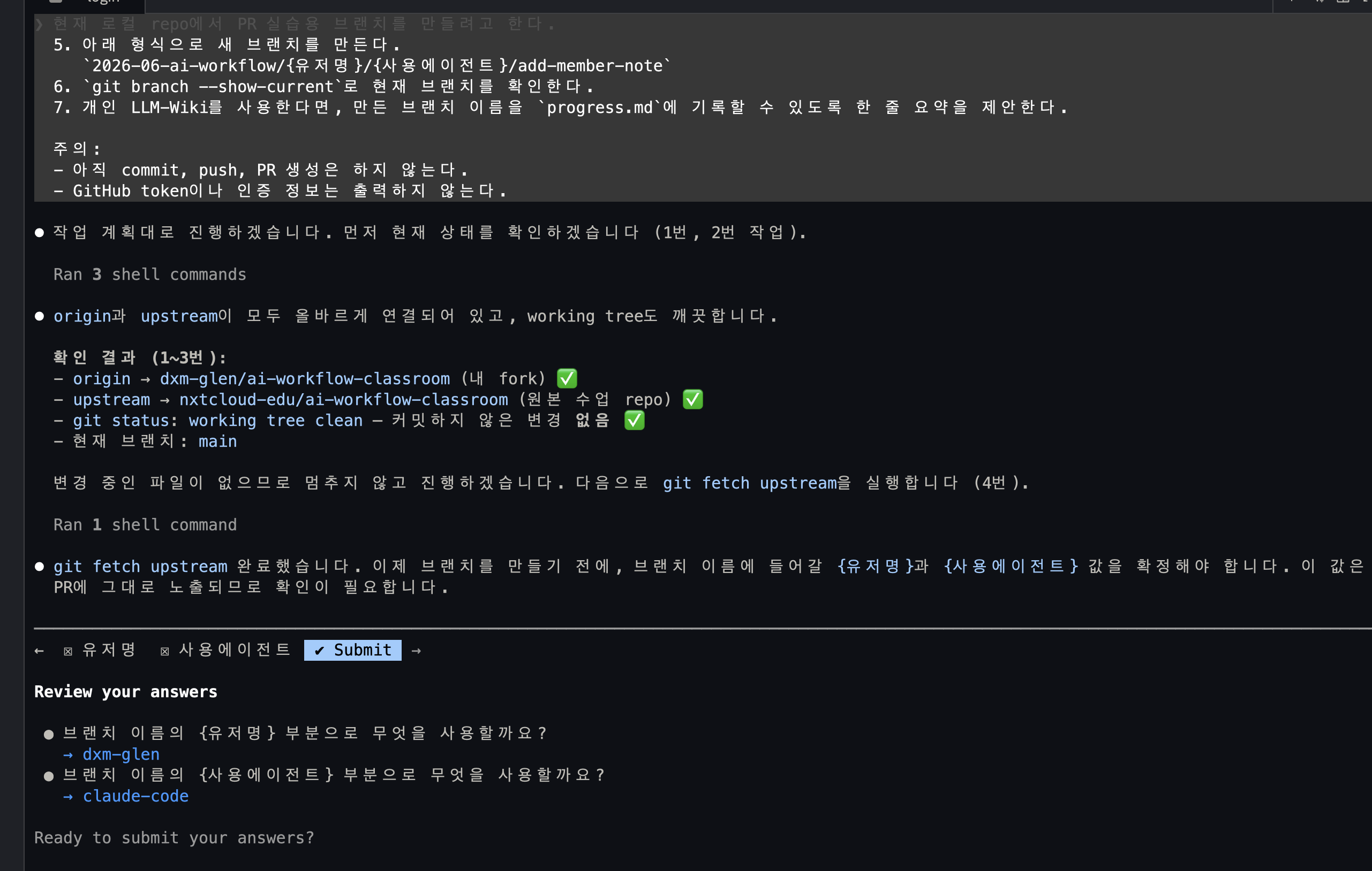 에이전트가 remote와 working tree를 확인한 뒤 브랜치 이름 값을 묻는 화면
