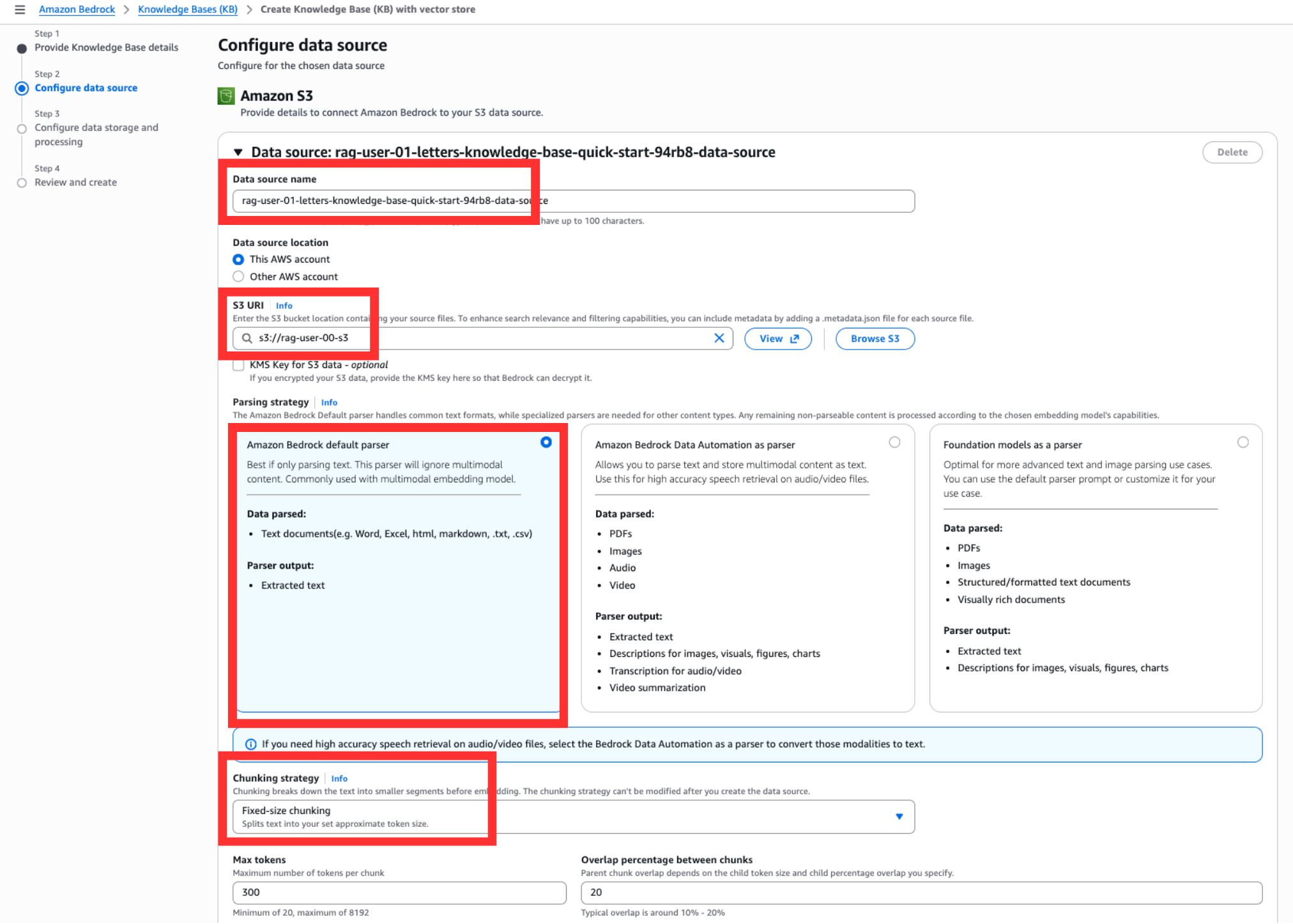 데이터 소스 설정 — 선택된 S3 URI, Amazon Bedrock default parser, Fixed-size chunking
