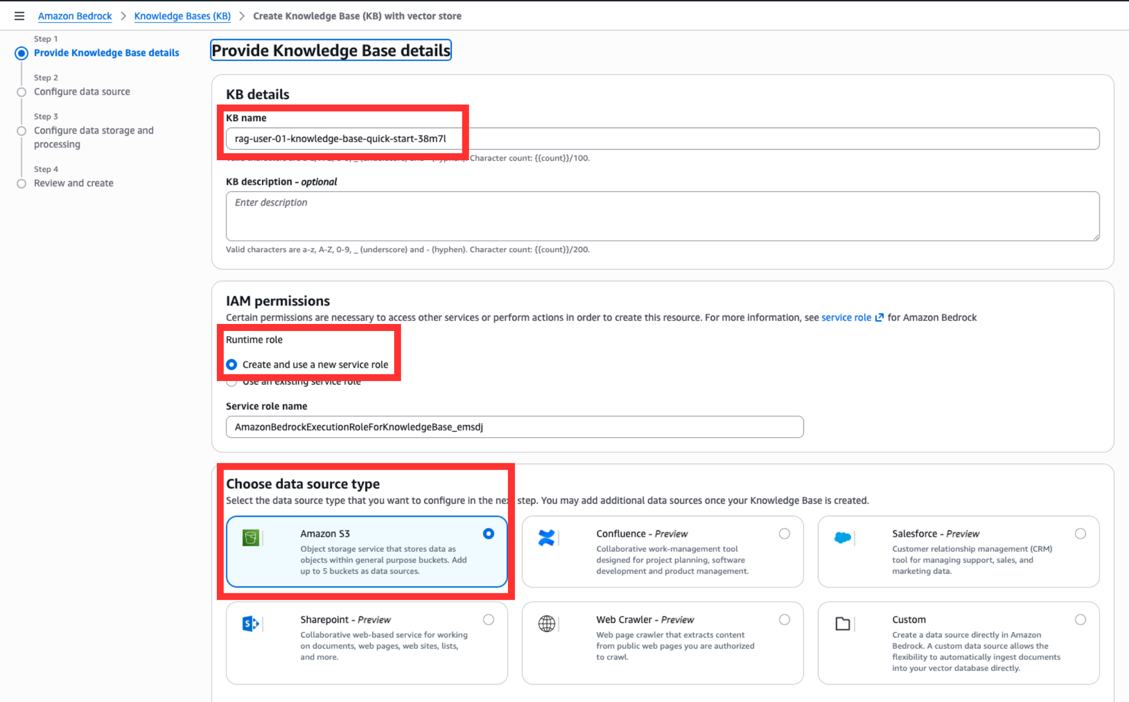 Knowledge Base 이름 입력, Create and use a new service role 선택, 데이터 소스 Amazon S3 선택 화면