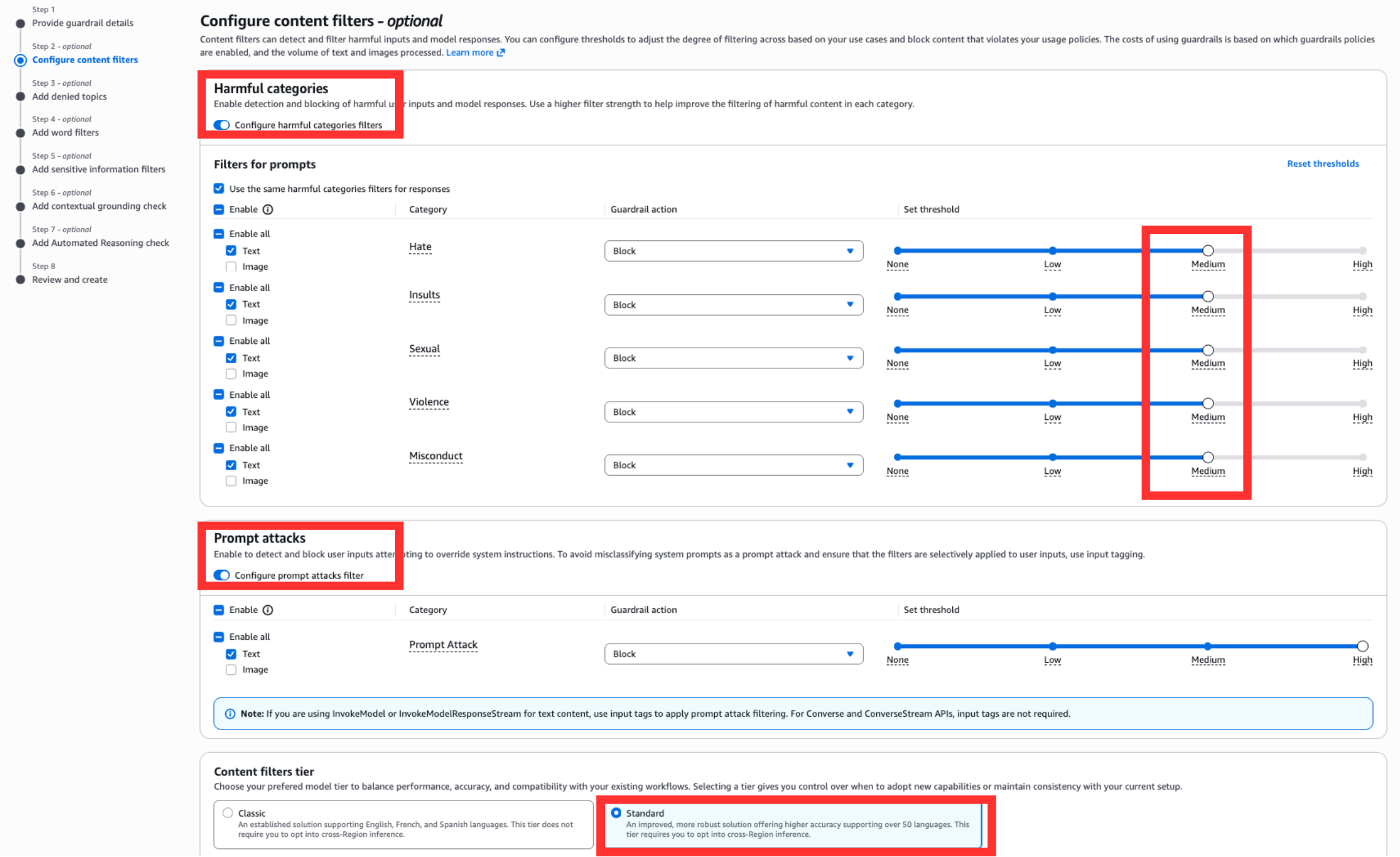 Configure content filters — Safeguard tier Standard, 5개 범주 강도 Medium, Prompt attacks 켜짐, Action Block
