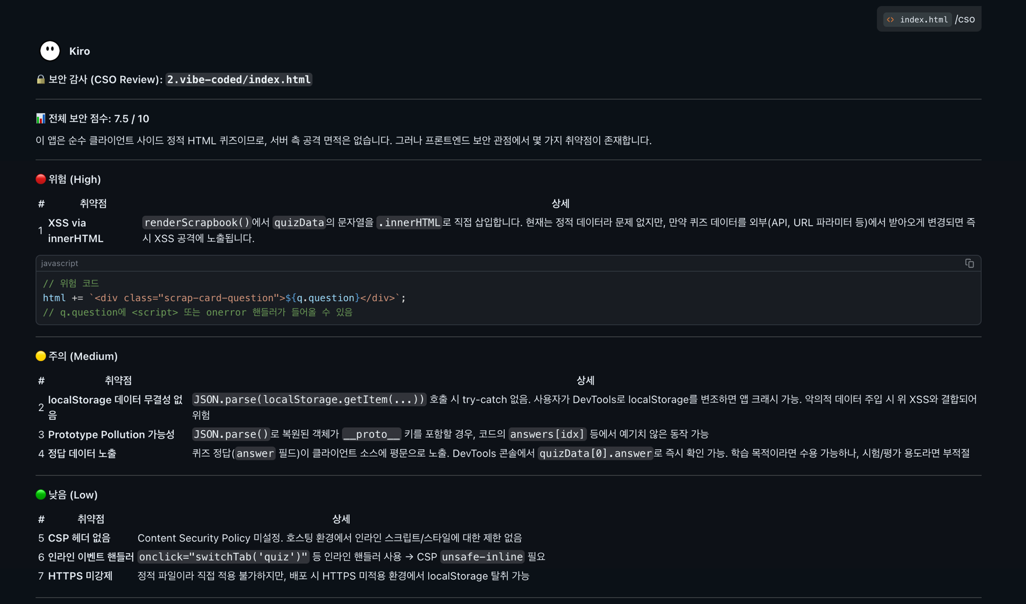 /cso 보안 감사 결과 1 — 전체 보안 점수 7.5/10, 위험(High) XSS via innerHTML, 주의(Medium) 항목