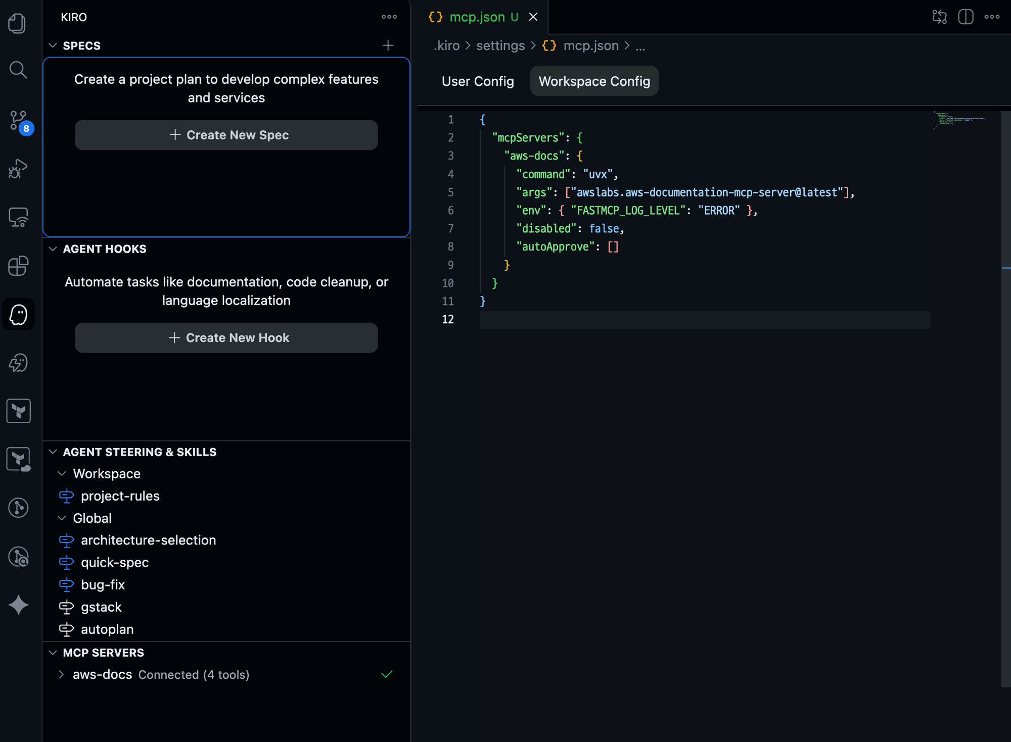 Kiro 사이드바 MCP SERVERS 섹션에 aws-docs가 'Connected (4 tools)' 체크 표시로 연결된 화면