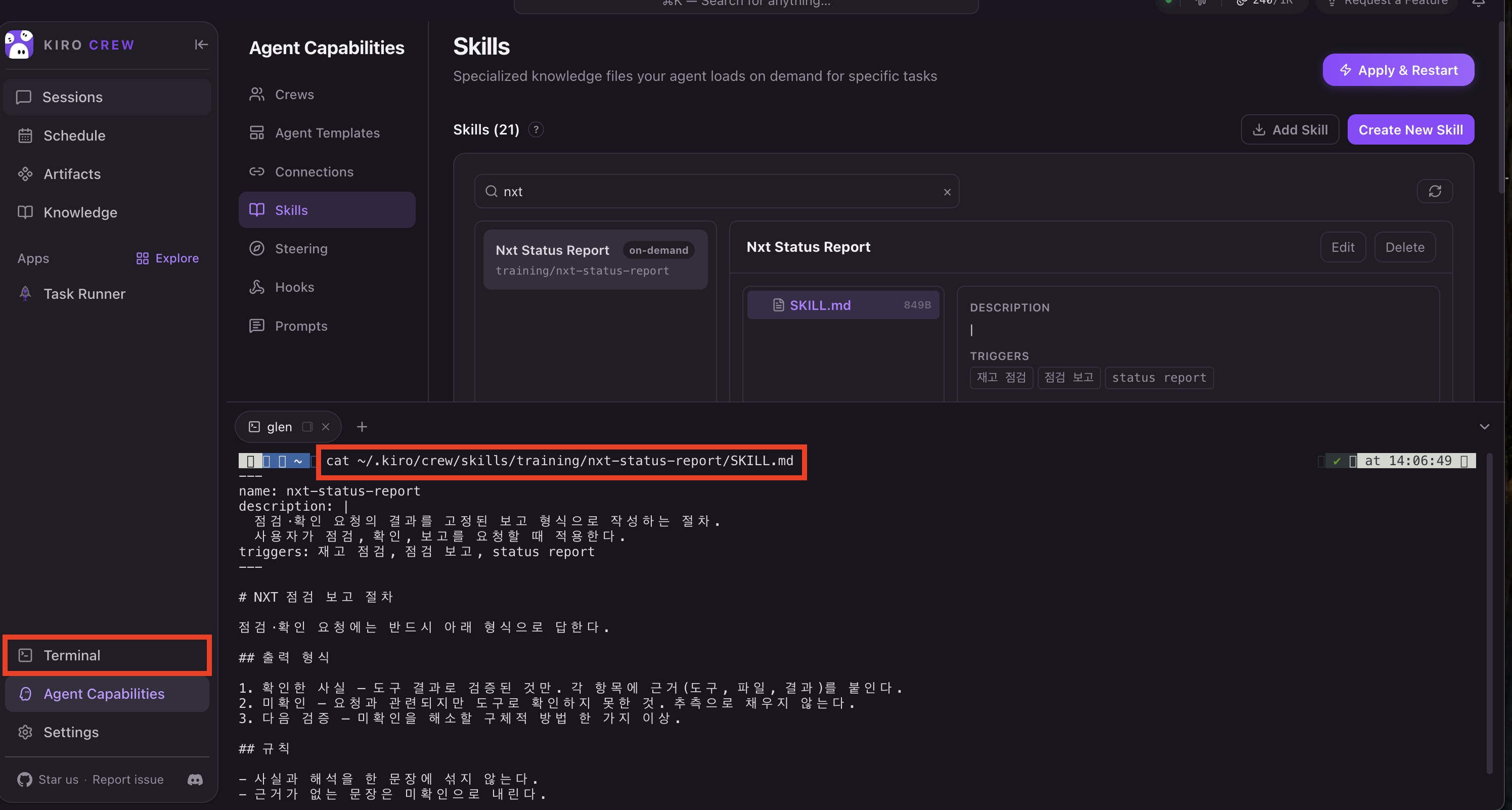 내장 터미널에서 SKILL.md 확인