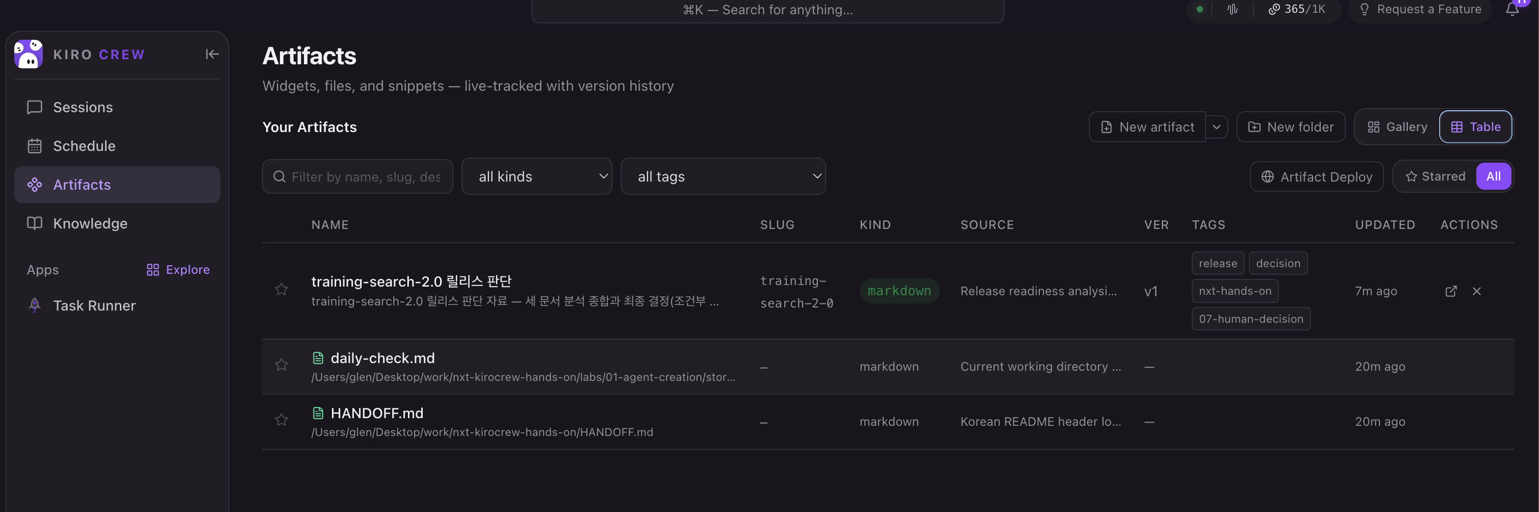 아티팩트 테이블 — 과정이 남긴 것들
