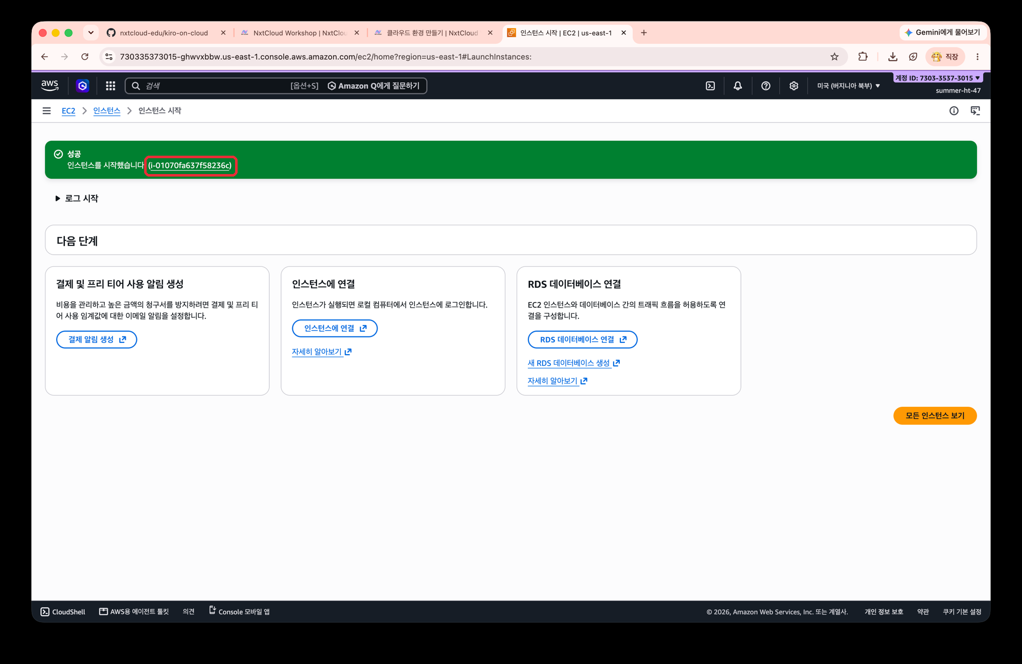 EC2 인스턴스 시작 성공 화면에서 i-로 시작하는 인스턴스 ID 링크가 표시되어 있다
